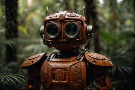 Vintage wooden robot in the jungle. Fantasy and futuristic concept.の素材