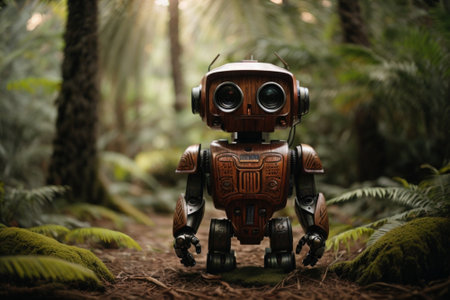 Vintage robot toy in the forest. Fantasy concept. 3D Renderingの素材