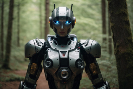 A female robot in the forest looking at the camera with a serious expressionの素材