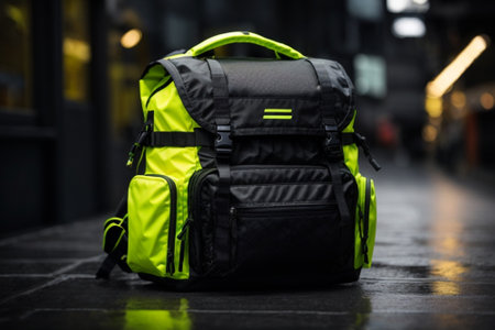 Black and yellow backpack on the street in the evening. Travel concept.の素材