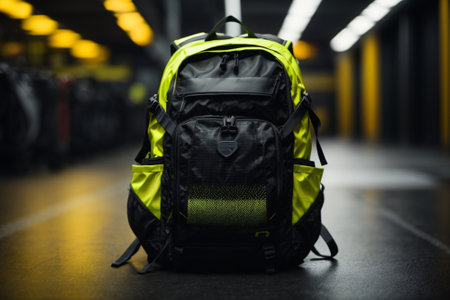 Rear view of a black and yellow backpack on the floor.の素材