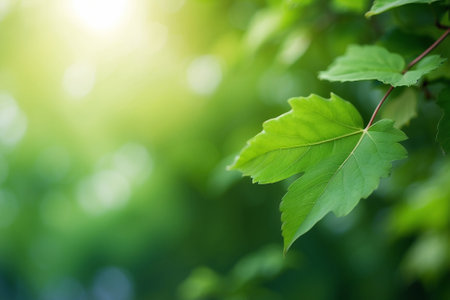 Green leaves on blurred background with bokeh effect. Nature background.の素材