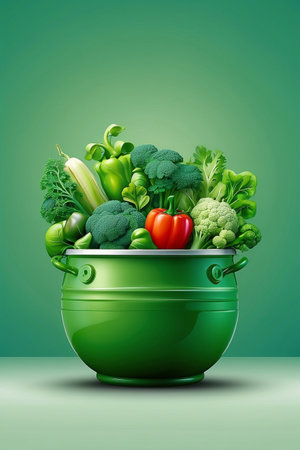 Vegetables in green pot on green background. Vector illustration.の素材