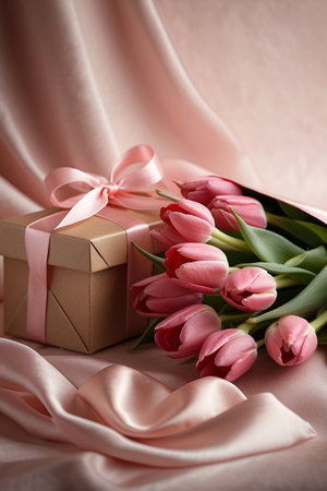 Bouquet of pink tulips and gift box on silk backgroundの素材