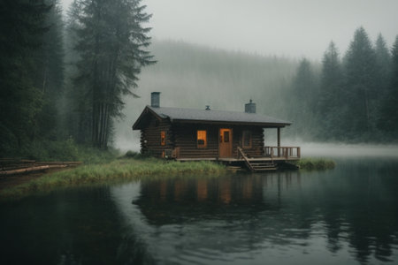 Wooden house on the lake in a foggy summer morning.の素材