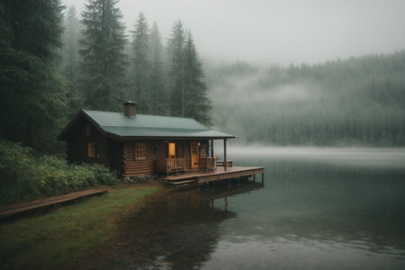 Wooden house on the lake in the forest. Foggy morningの素材