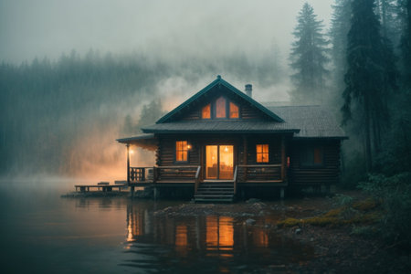 Beautiful wooden house on the lake in the misty morning.の素材