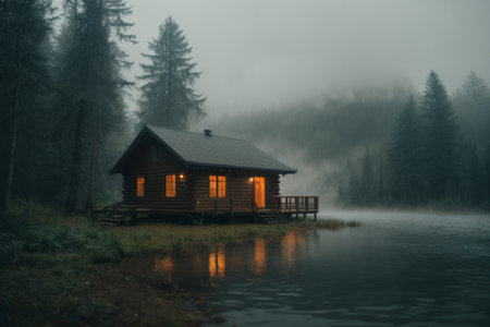 Beautiful wooden house on the lake in the misty morning.の素材