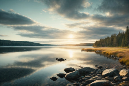 Sunset on the lake in the mountains of Yakutia.の素材
