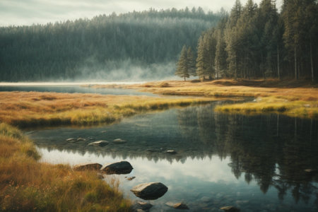Autumn landscape with mountain lake and pine trees in misty morningの素材