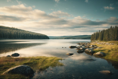 A long exposure of a lake in Yellowstone National Park, Wyoming.の素材