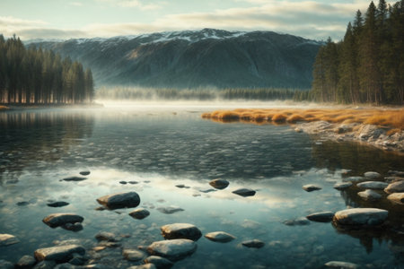Mountain lake in the morning mist. Beautiful landscape with fog.の素材