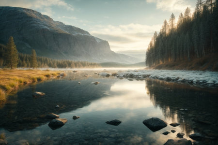 Mountain lake in the morning mist. Altai, Russia.の素材