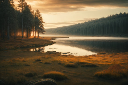 Sunset on the lake in Lapland, Finland. Toned.の素材