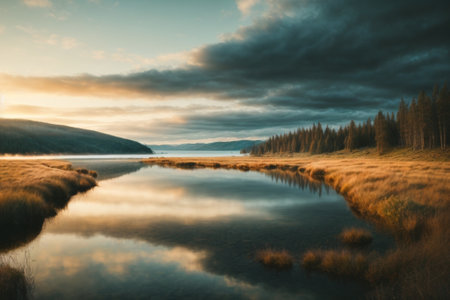 Landscape with lake and forest at sunset. Long exposure shot.の素材