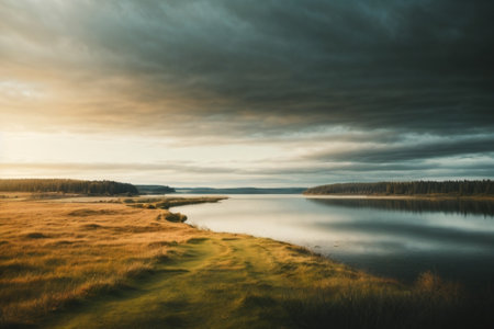 Sunset over a lake in the swedish island Olandの素材