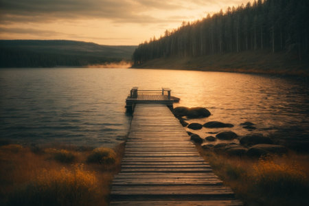 Wooden pier on the lake in the forest. Toned.の素材