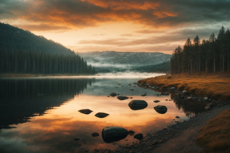 Mountain lake in the forest at sunset. Beautiful summer landscape.の素材