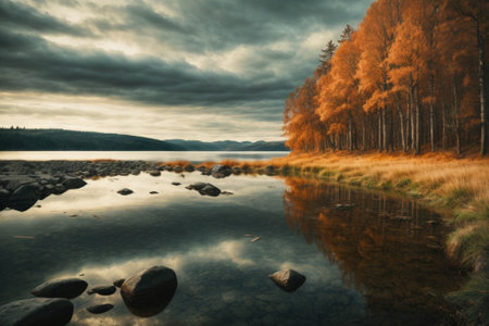 Beautiful autumn landscape with lake and forest. Long exposure photo.の素材