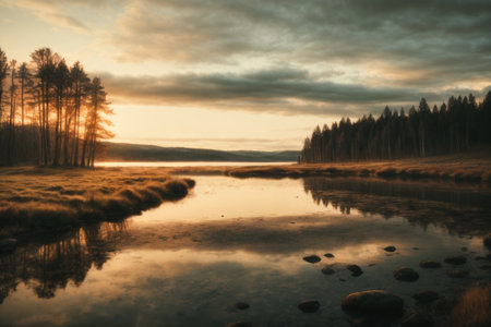 Landscape with a lake in the middle of the forest at sunsetの素材
