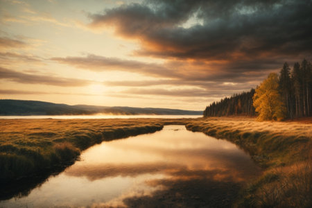 Autumn landscape with fog over the river at sunset. Nature backgroundの素材