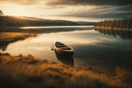 Boat on the shore of a lake at sunset. Dramatic and picturesque scene.の素材