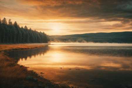 Sunset over the lake in the mountains. Beautiful summer landscape.の素材