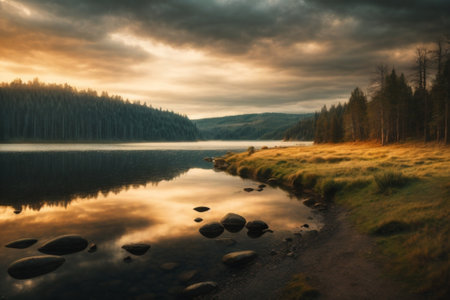 Sunset over the lake in the forest. Long exposure photo.の素材