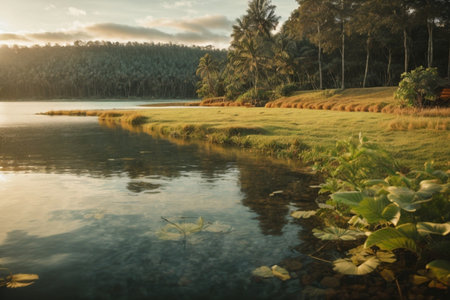Landscape view of the lake and rice field in the morning.の素材