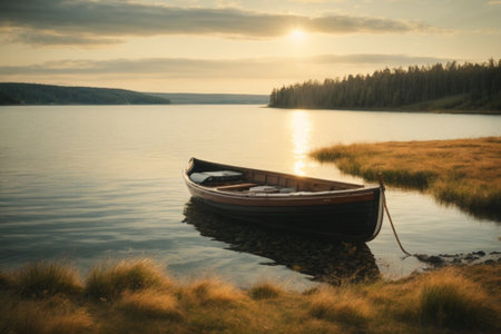 Fishing boat on the lake at sunrise. Beautiful summer landscape.の素材