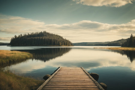 Wooden pier on a lake in the forest. Toned.の素材