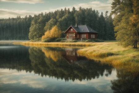 Beautiful autumn landscape with a lake and a red wooden house.の素材