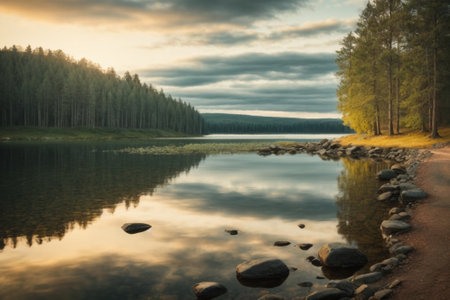 Lake in the forest at sunset, Karelia, Russia.の素材