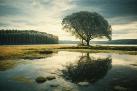 Lonely tree on the shore of a lake at sunrise.の素材