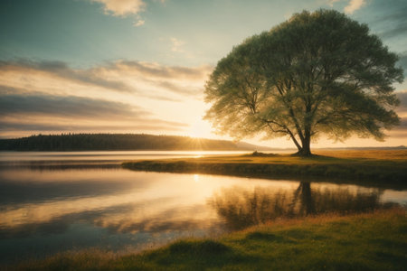 Beautiful sunrise over lake with tree reflected in water. Nature composition.の素材