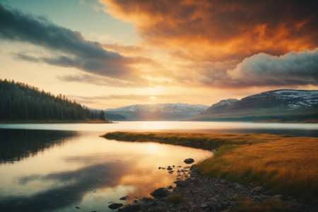 Mountain lake at sunset. Dramatic scene. Conceptual imageの素材