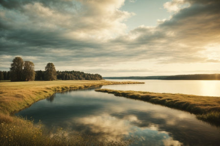 Beautiful autumn landscape with lake and cloudy sky. Toned.の素材