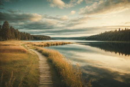 Beautiful landscape with lake and forest at sunset. Retro style.の素材