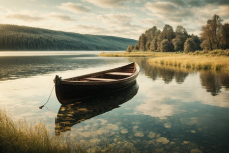 Fishing boat on a lake in the morning. Beautiful autumn landscape.の素材