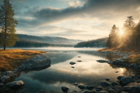 Beautiful landscape with lake and forest in the morning. Toned.の素材