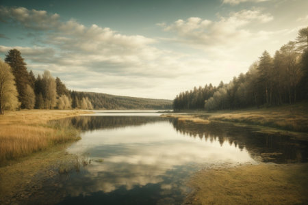 Beautiful autumn landscape with lake and forest - retro, vintage style lookの素材