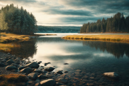 Autumn landscape with river, forest and cloudy sky. long exposureの素材