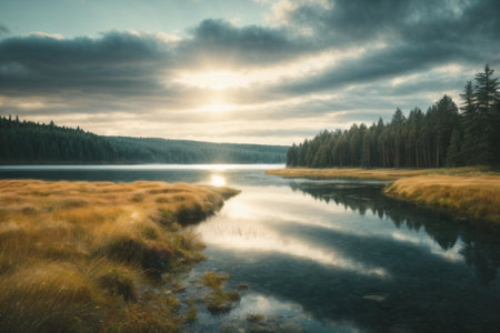 Beautiful landscape with lake and forest at sunset. Long exposure.の素材