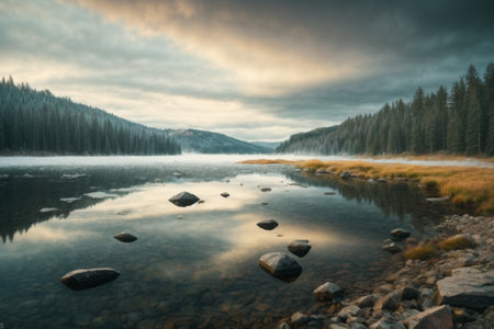 Foggy morning at Lake Tahoe, California, USA.の素材
