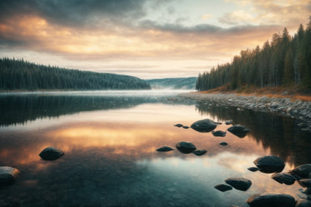 Mountain lake in the forest at sunset. Dramatic landscape.の素材