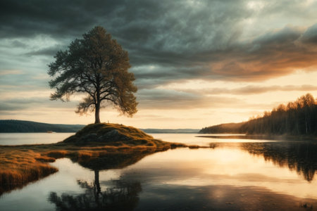 Lonely tree on the shore of a lake at sunrise.の素材