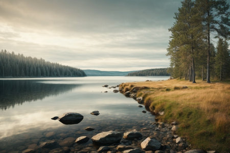 Mountain lake in the forest at sunrise. Beautiful natural landscape.の素材