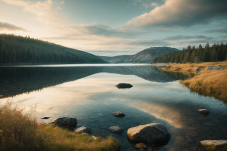 Mountain lake with reflection in the water at sunset. Long exposure.の素材