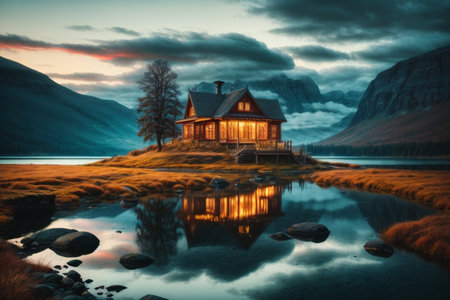 Old wooden house on the shore of a lake at sunrise. Norwayの素材