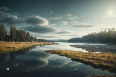 Beautiful landscape with lake and forest in the mountains at sunrise.の素材
